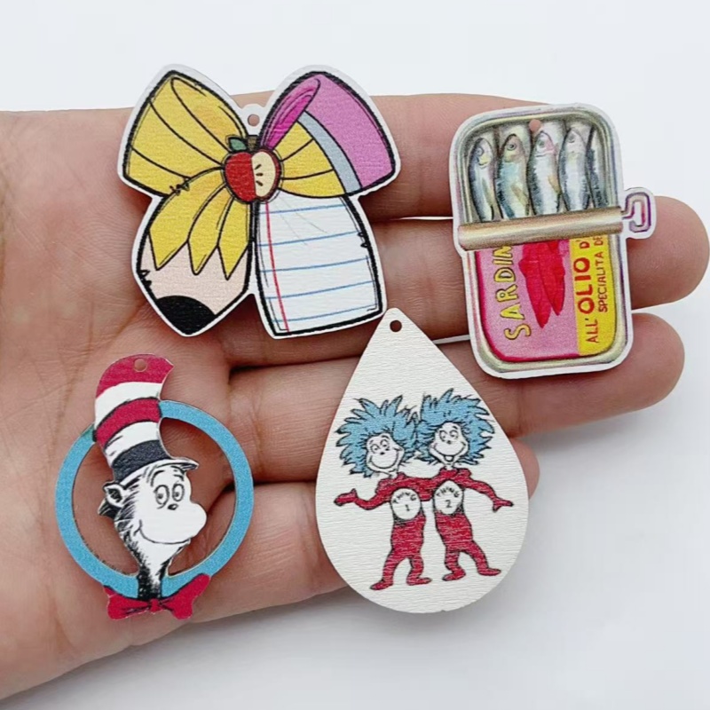 Stationery - 10Pcs Printed Wooden Pendants Cute Cartoon